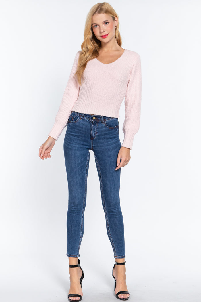Long Puff Slv V-neck Rib Sweater