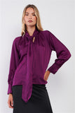 Violet Satin Long Sleeve Tie-neck Blouse Top