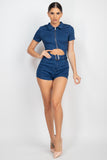 Belted Zip-up Denim Romper