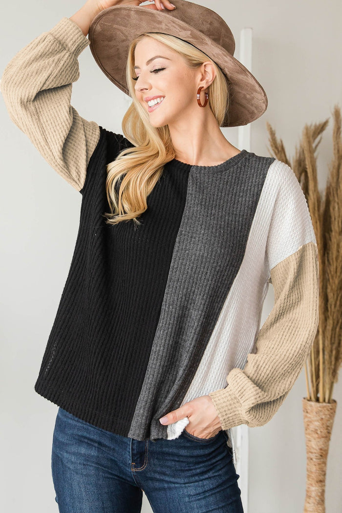 This Adorable Color Block Waffle Long Sleeve Top