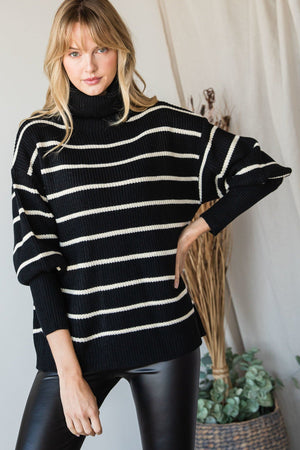 Heavy Knit Striped Turtle Neck Knit Sweater