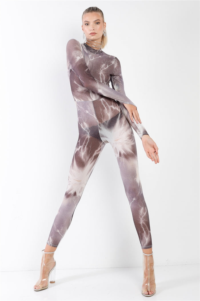 Purple-grey Lightning Print Mock Neck Long Sleeve With Finger Loop Fitted Catsuit /jumpsuit