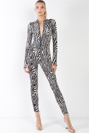 Black & White Zebra Print Long Sleeve High-neck Front Zip Fitted Catsuit / Jumpsuit