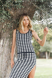 Black & White Houndstooth Print Sleeveless Drop Waist Side Slit Midi Dress