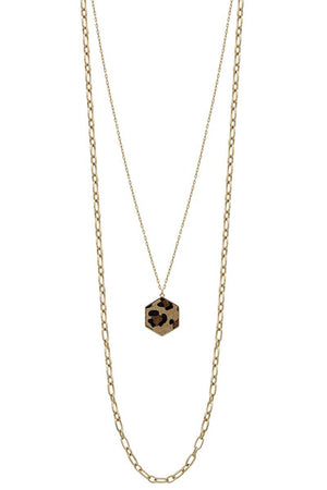 Metal 2 Layered Chain Hexagon Leopard Pendant Long Necklace