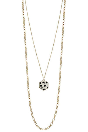 Metal 2 Layered Chain Hexagon Leopard Pendant Long Necklace