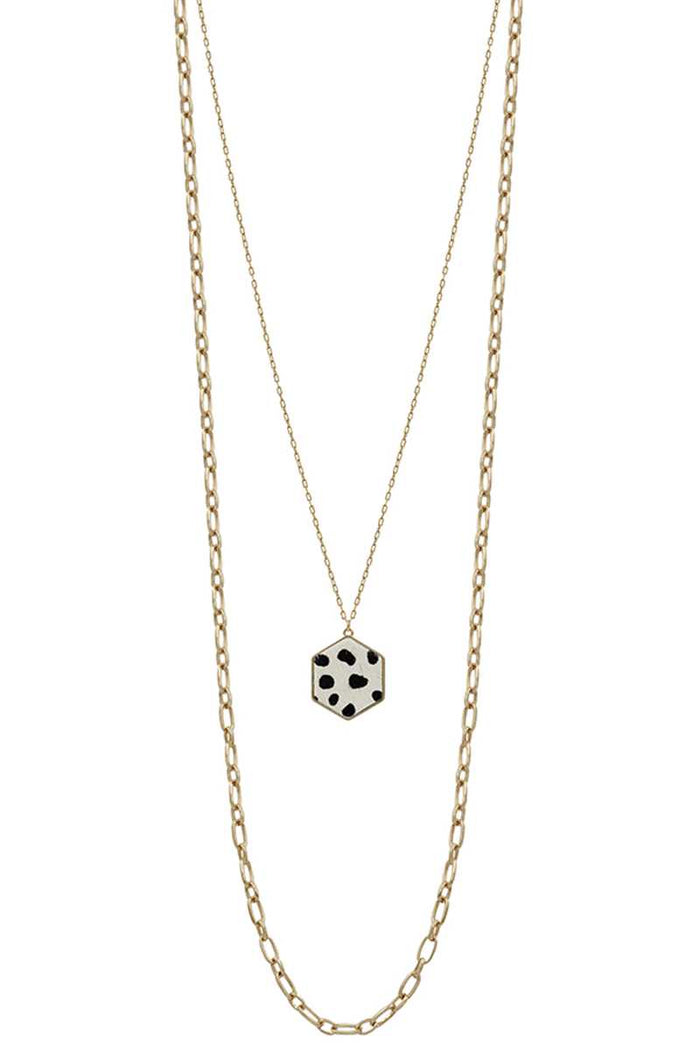 Metal 2 Layered Chain Hexagon Leopard Pendant Long Necklace