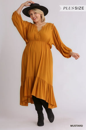 Split Neck Button Front Dolman Sleeve High Low Dress