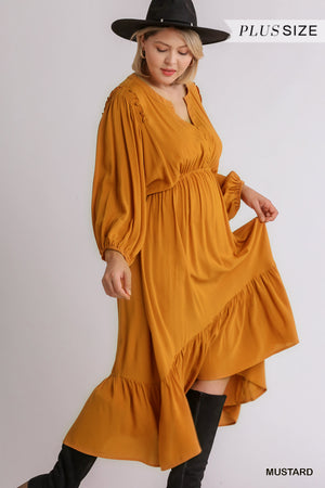 Split Neck Button Front Dolman Sleeve High Low Dress