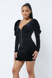 Soft Velvet Pleated Puff Sleeve Low V Neck Front And Back Mini Dress