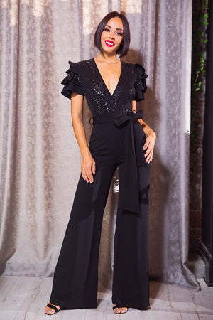 Overlap Sequin Ruffle Shoulder Jumpsuit