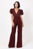 Overlap Sequin Ruffle Shoulder Jumpsuit