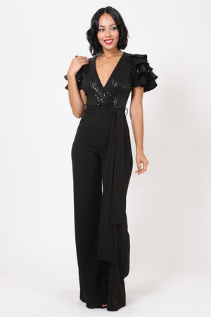 Overlap Sequin Ruffle Shoulder Jumpsuit