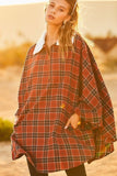 Mock Neck With Zipper Contrast Inside Front Pocket Plaid Poncho