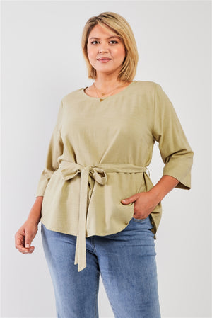 Plus Olive Sage Round Neck Midi Sleeve Self-tie Belt Detail Loose Fit Top