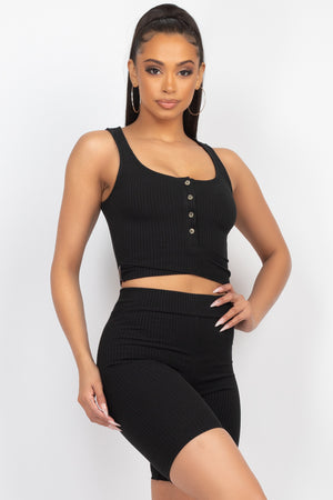 Buttons Scoop Neck Crop Top & Biker Shorts Set