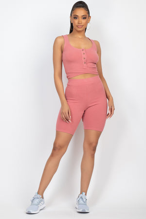 Buttons Scoop Neck Crop Top & Biker Shorts Set