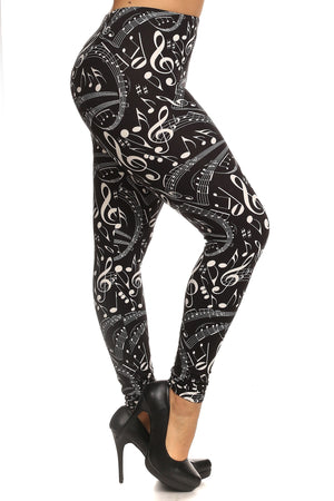 Plus Size Music Notes Pattern Print, High Waist, Slim Fit Leggings With Elastic Waist.