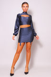 Puff Long Sleeve Front Cutout Turtleneck Blouse & Side Ruched Garter Mini Skirt Set