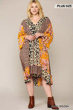 Leopard And Floral Mixed Print Hi Low Midi Dress With Waist Tie