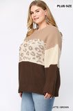 Color Block And Leopard Pattern Mixed Pullover Sweater