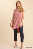 Linen Blend Sleeveless  Button Front Tunic With Frayed Round Hems