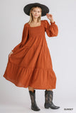 Ruffle Cuffed Long Sleeve Square Neckline Smocked Peasant Midi Dress